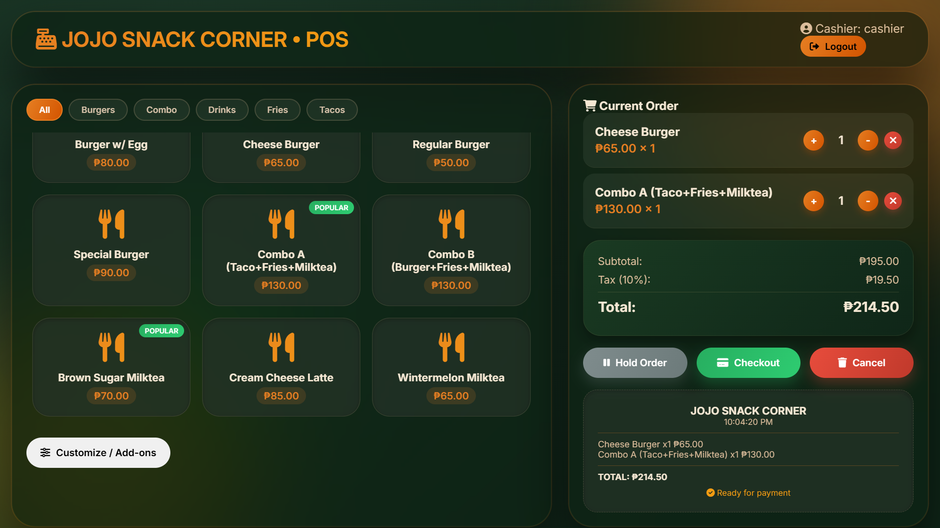 Jojo's Snack Corner POS System